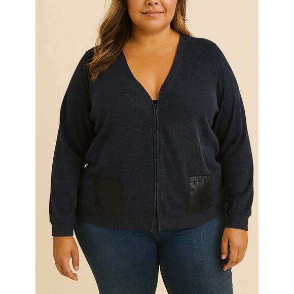Lane Bryant charcoal gray with black faux leather pockets zip up cardigan SZ 18 - Picture 1 of 11